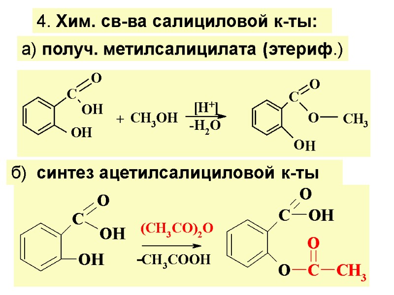 4. Хим. св-ва салициловой к-ты:   а) получ. метилсалицилата (этериф.) б)  синтез